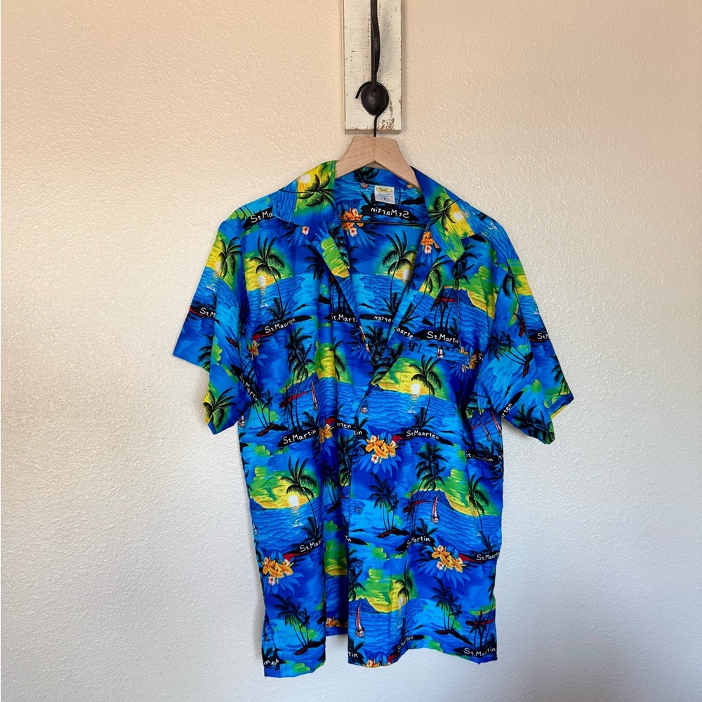 Electric Blue and Green Casual Button Down Shirt with Tropical Print St Martin